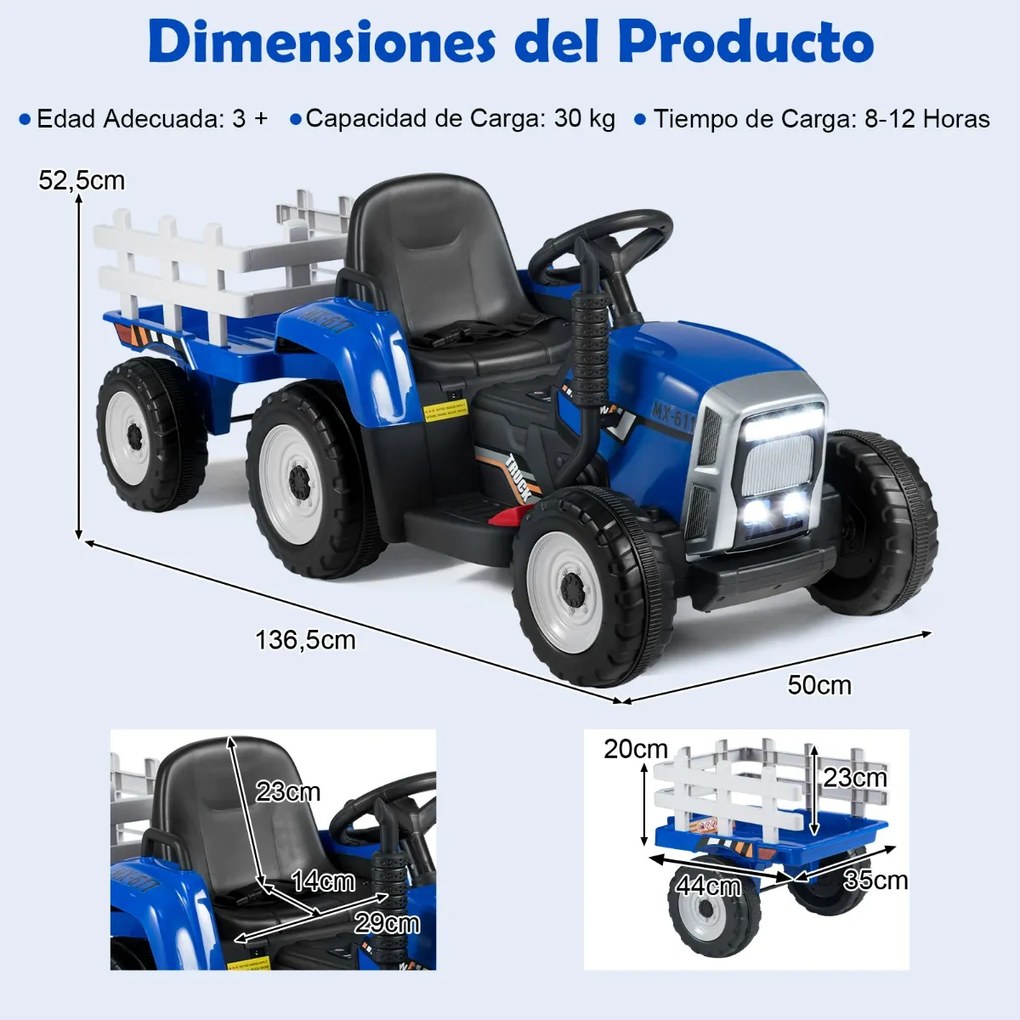 Trator com reboque para crianças com comando 2.4 G, 3 velocidades e luzes LED, até 30 kg, 135 x 51 x 53 cm Azul