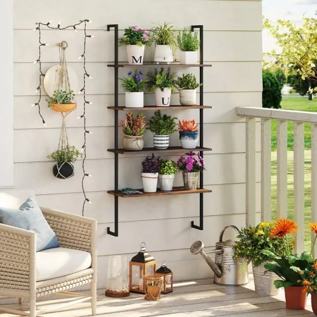 Estante flutuante de parede 76 x 30 x 163 cm com 4 níveis, estrutura metálica e escada de madeira, estilo industrial moderno, cor café