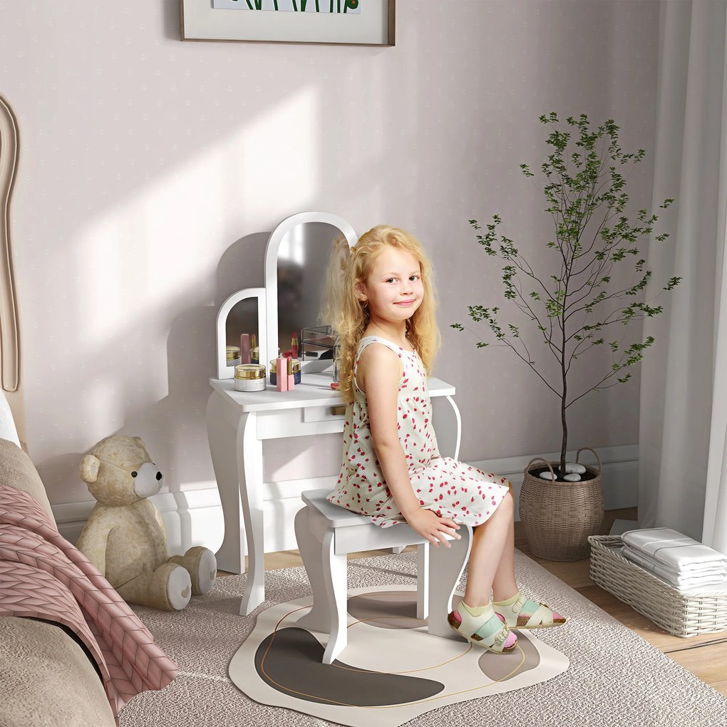 Toucador para Crianças com Espelho e Banco Toucador de Maquilhagem para Crianças de 3 a 6 Anos 52x32x85 cm Branco