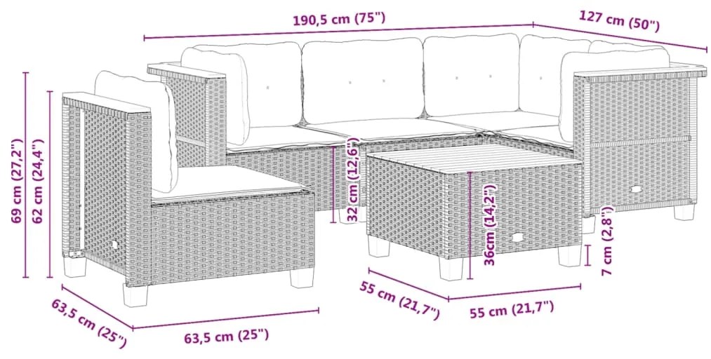 6 pcs conjunto sofás de jardim c/ almofadões vime PE preto