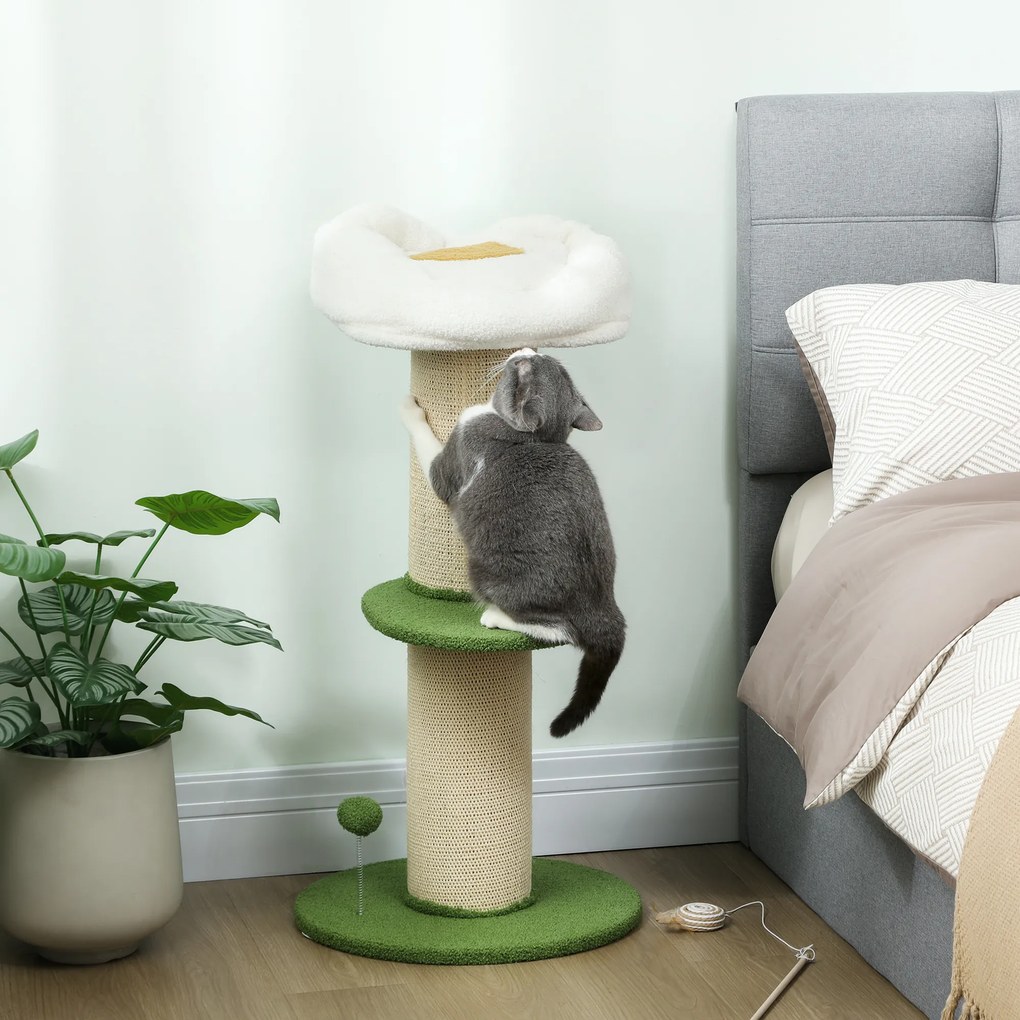 Arranhador para gatos  Ø 45 x 92 cm com flores, de 3 níveis, barril para arranhar, plataforma e poste com bola em sisal,, verde