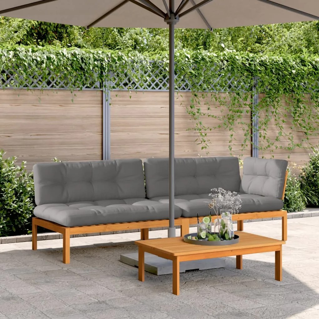 vidaXL 3 pcs móveis de paletes p/ jardim c/ almofadões acácia maciça