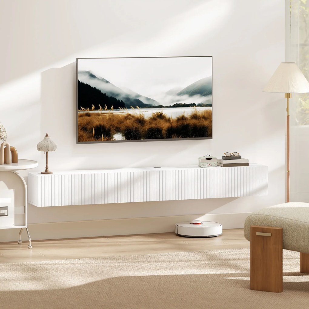 Móvel de TV suspenso 180 x 25 x 22 cm, móvel para televisor de 72 polegadas, 2 portas rebatíveis, branco