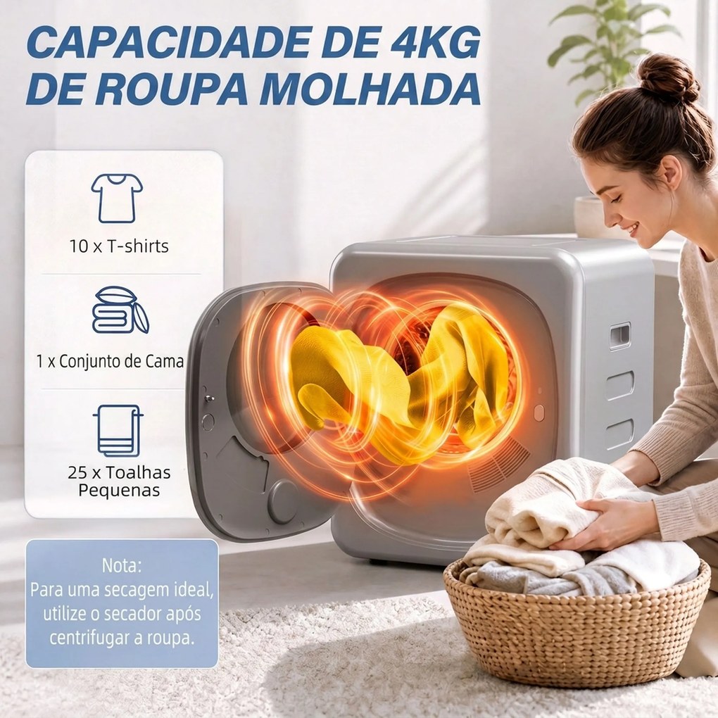 Máquina de Secar Roupa de Exaustão 4 kg 800 W com Ecrã Tátil, Controlo de Tempo e Temperatura, Função Anti-rugas, Prata
