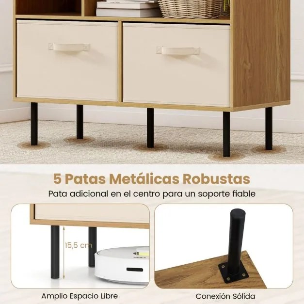 Estante com 6 cubos 90 x 40 x 105 cm e com 3 gavetas de tecido dobráveis e removíveis moderno Natural