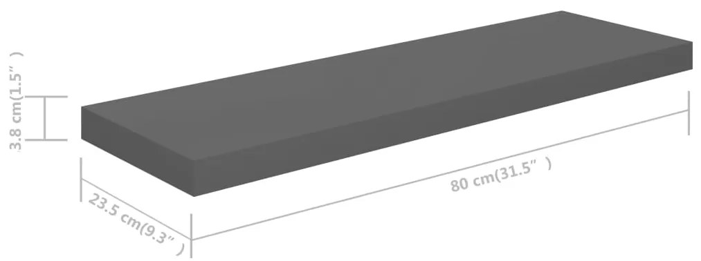 Prateleira de parede suspensa 80x23,5x3,8 cm MDF cinzento