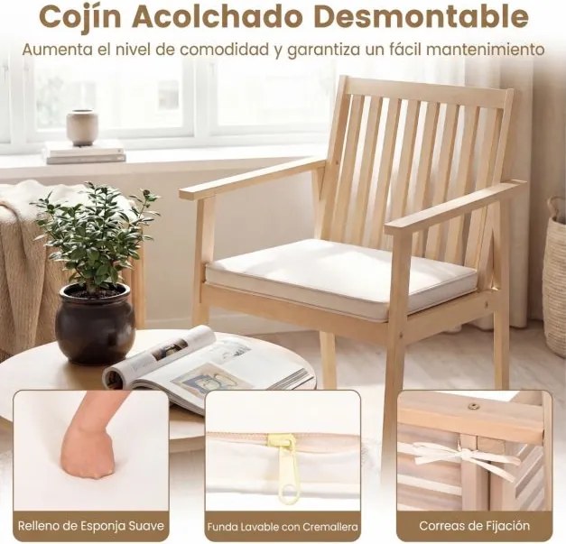 Conjunto 2 Cadeiras de Jantar jardim Madeira Acacia Almofada Removível Apoio de Braços Natural e Branco