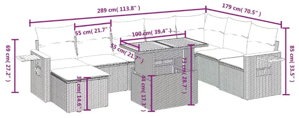 9 pcs conjunto de sofás p/ jardim com almofadões vime PE bege