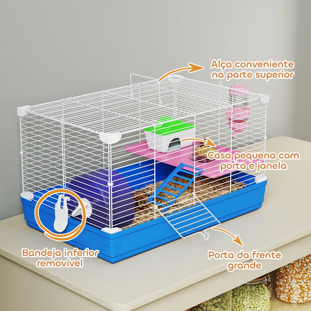 Gaiola para Hamster Casa para Roedores com Roda de Exercício Tigela Bebedouro Casinha Rampas para Gerbos 47x30x27 cm Azul