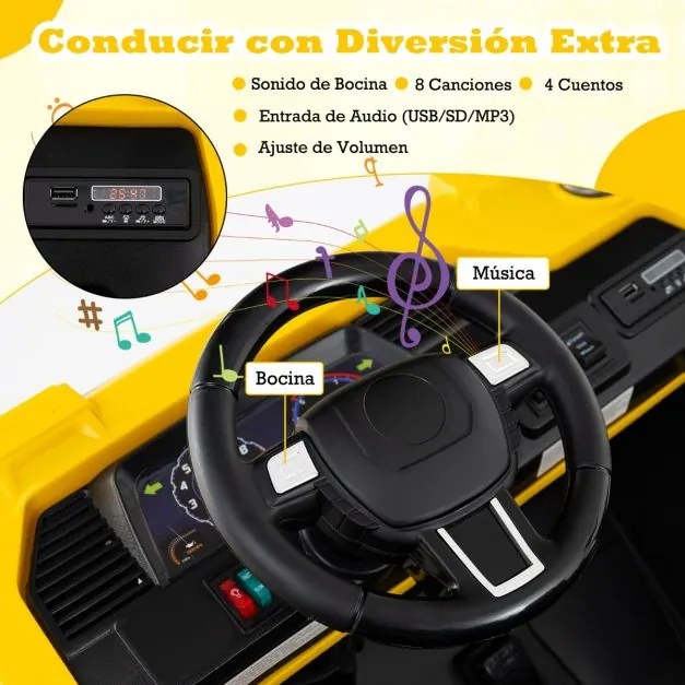 Escavadora elétrica 24 V, 4x4, para crianças com comando à distância, música, luzes, braço de escavação amarela