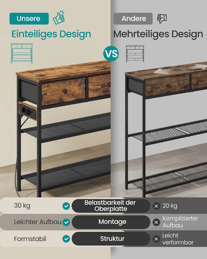 Mesa consola com luz led 98,8 x 30 x 78,7 cm, 3 gavetas castanha vintage