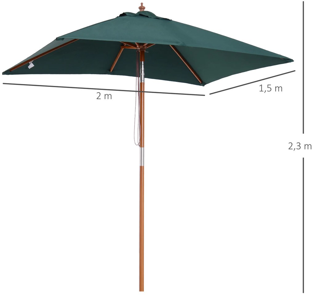 Chapéu de Sol de Jardim 200x150x230cm Chapéu de Sol Retangular Inclinável com Polia Duplo Teto e Mastro Desmontável de Madeira para Terraço Pátio Verd