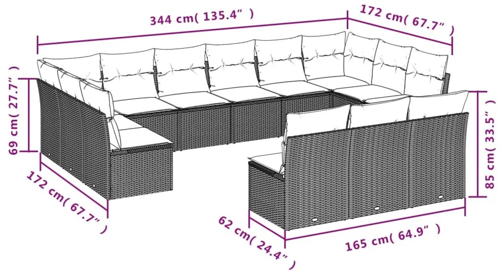 13 pcs conjunto de sofás de jardim com almofadões vime PE preto