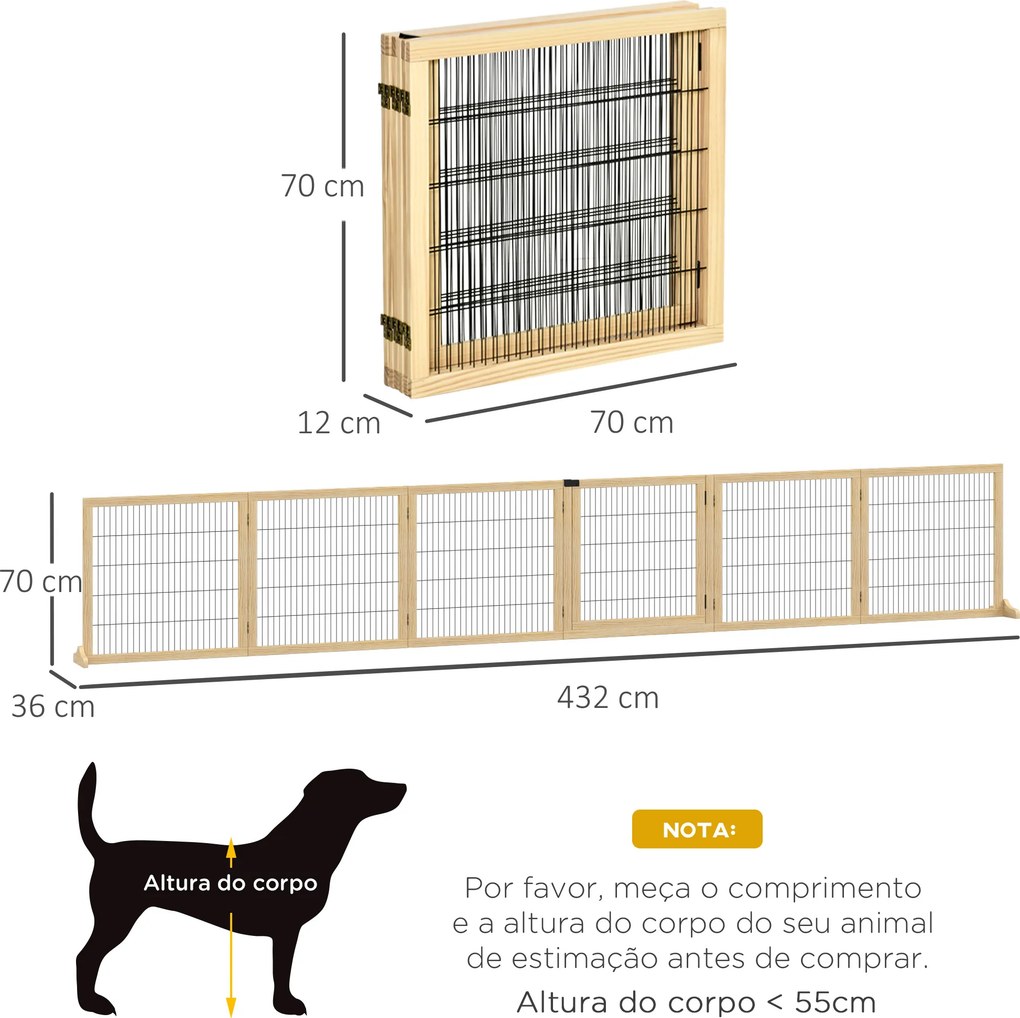 Barreira de Segurança para Cães de Madeira Dobrável para Cães Pequenos e Médios com 6 Painéis 432x36x70 cm Madeira