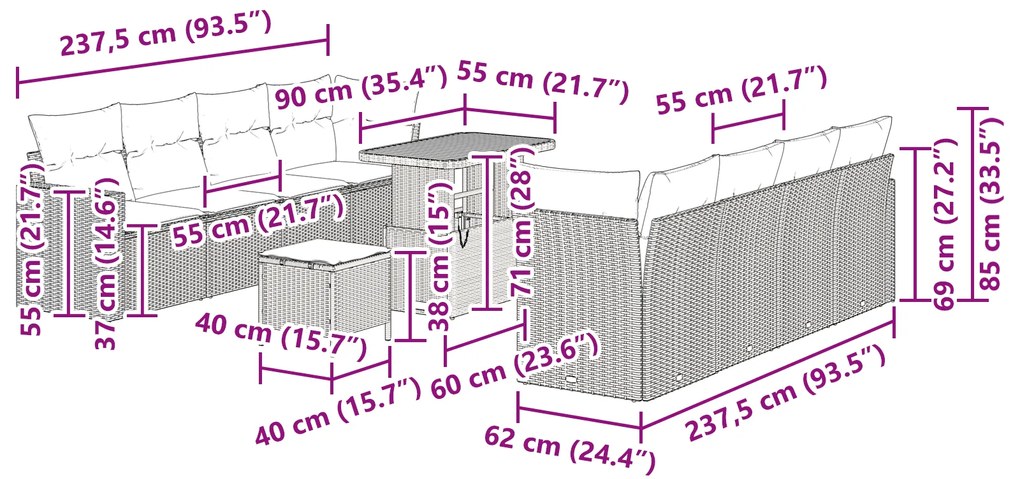 Conjunto de Sofá de Jardim VidaXL com Almofadas Cinza Rattan Sintético