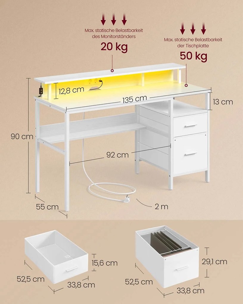 Secretária 55 x 135 x 90 cm com gavetas em tecido e iluminação LED em branco