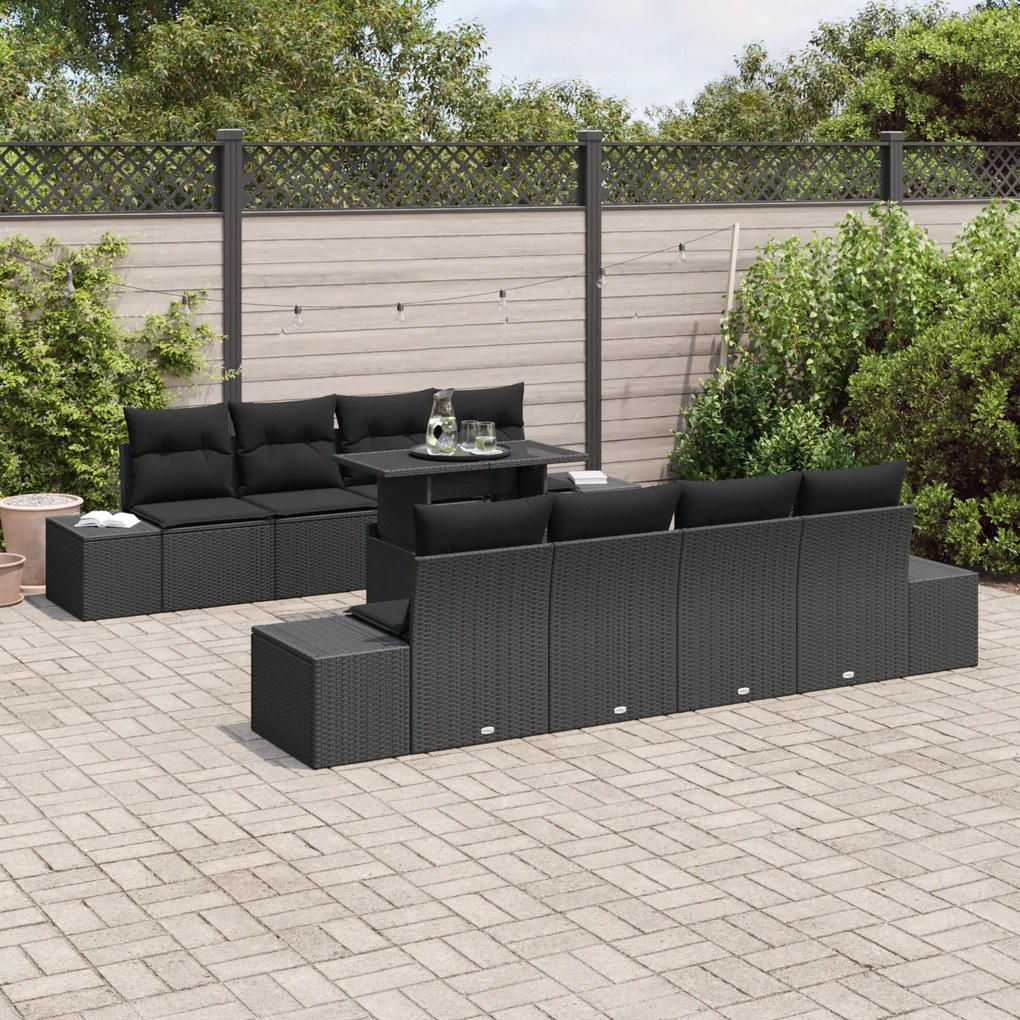 Conjunto de Sofá de Jardim 7 Peças com Almofadas Preto em Rattan Sinté