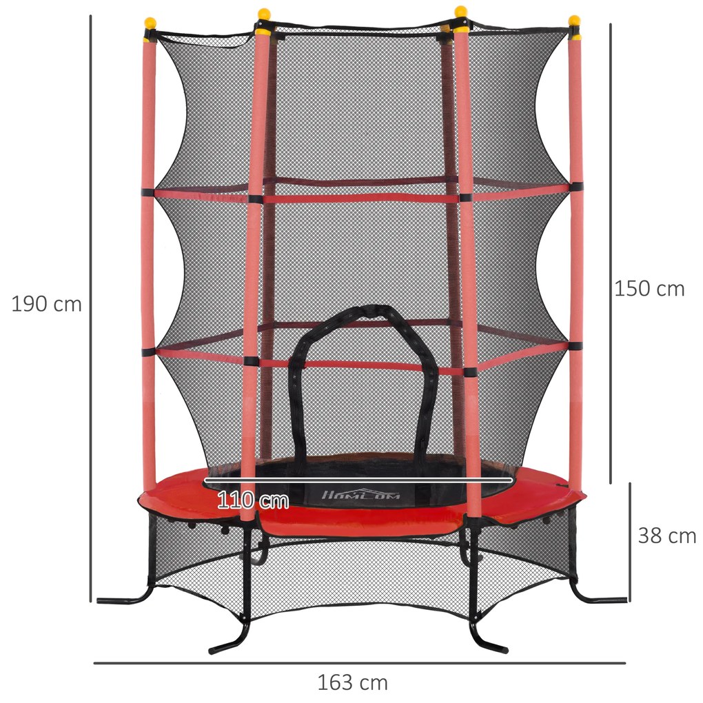 Trampolim para Crianças com Rede de Segurança e Estrutura de Aço para Interiores e Exteriores Carga 50 kg Ø163x190 cm Vermelho