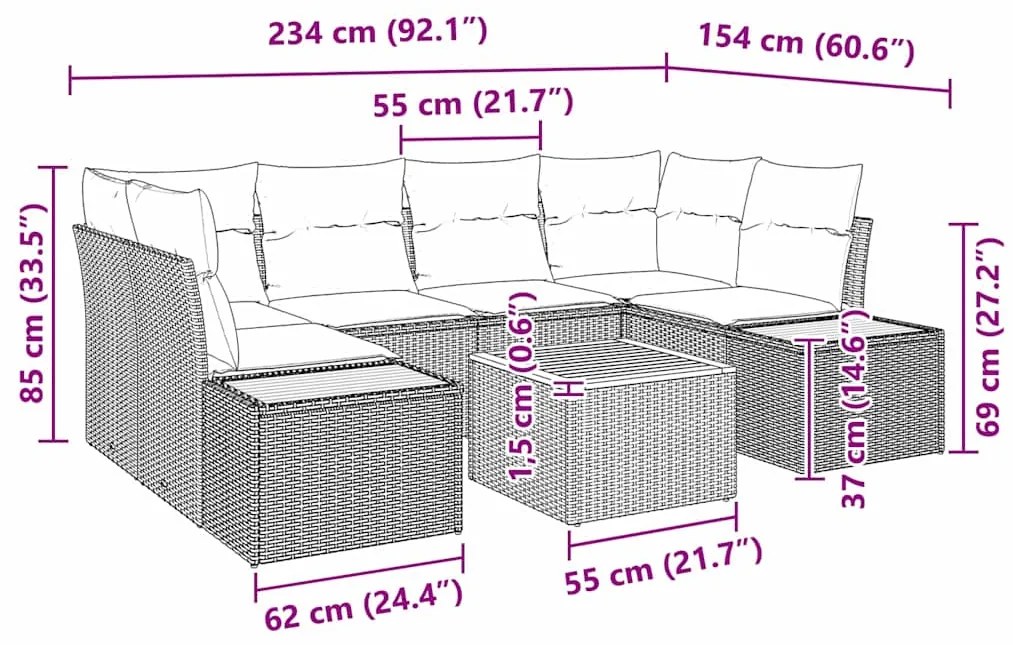 Conjunto de Sofá de Jardim 7 Peças com Almofadas Bege de Polirattan e