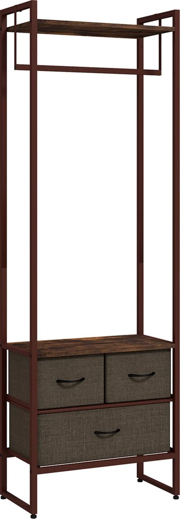 Suporte para Cabides com 3 Gavetas de Tecido Barra para Pendurar e Prateleira para Entrada Quarto 58,5x30x178 cm Castanho Rústico