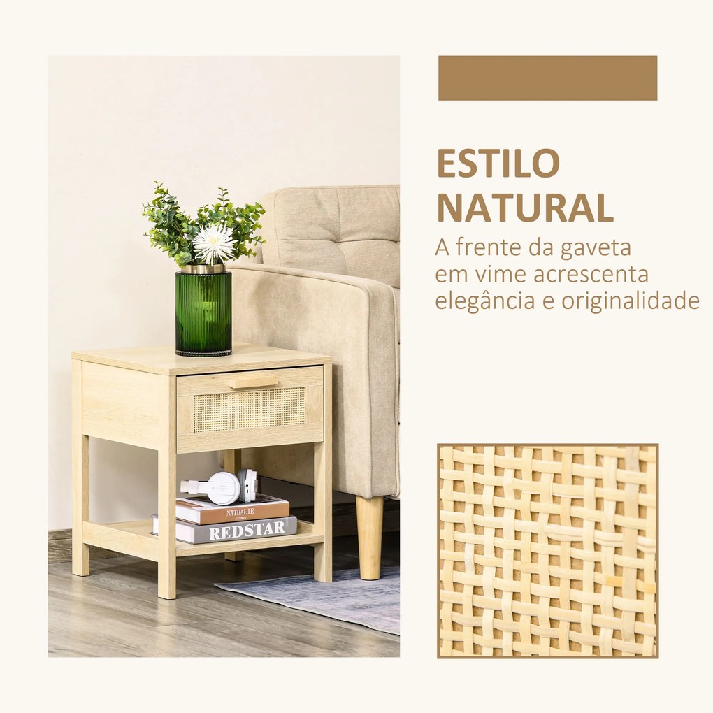 Mesa de cabeceira em malha Mesa lateral com gaveta e prateleira inferior em DM e vime para quarto Sala 40x40x48 cm Cor madeira