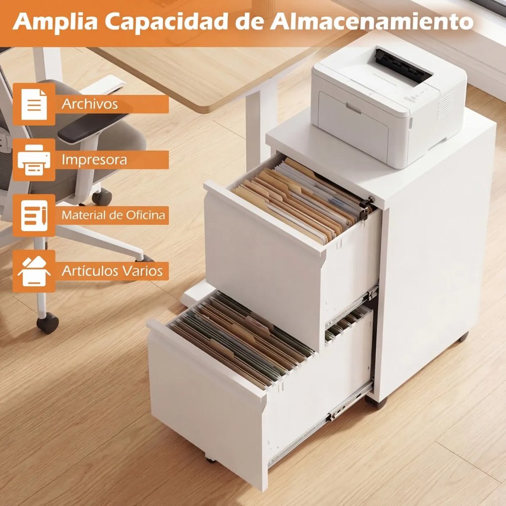 Armário de arquivo escritório móvel com 2 gavetas 44 x 37 x 67 cm, fechadura e 5 rodas, em metal, para arquivos de tamanho Carta, A4 e Legal, para esc