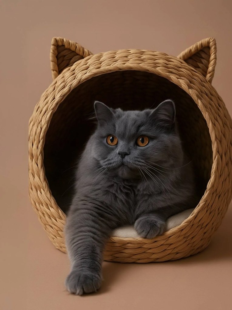 Cesto em jacinto de água Family, para gato bege
