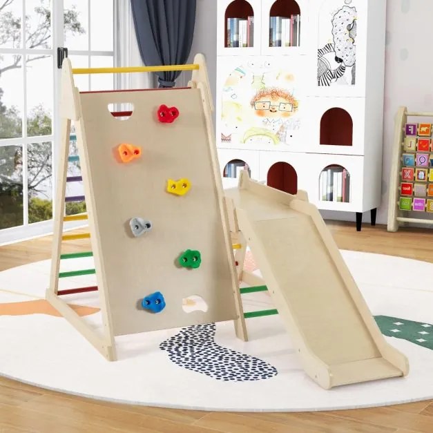 Conjunto de escalada interior para crianças 3 em 1 com escorrega, parede de escalada e escada de madeira para crianças com mais de 3 anos Multicolor