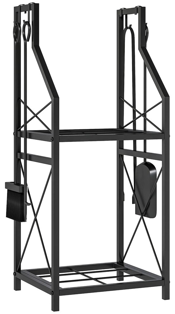 Outsunny Suporte Metálico para Lenha 2 Níveis com 4 Ferramentas Ganchos e Base Elevada para Interior e Exterior 34x30x80 cm Preto | Aosom Portugal