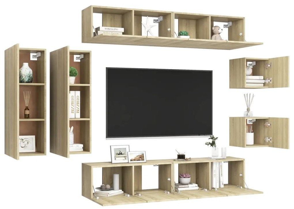 8pcs conjunto de móveis de TV derivados madeira carvalho sonoma