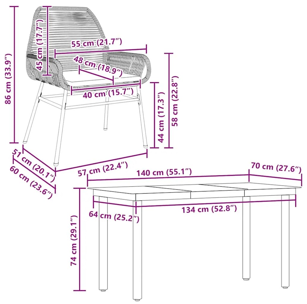 Conjunto de jantar jardim 5 peças almofadas vidro vime PE preto