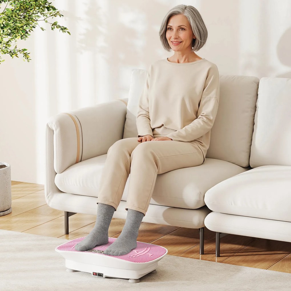 Plataforma vibratória muscular com 10 intensidades e controlo remoto para emagrecer, queimar calorias e tonificar os músculos - Branco + Rosa