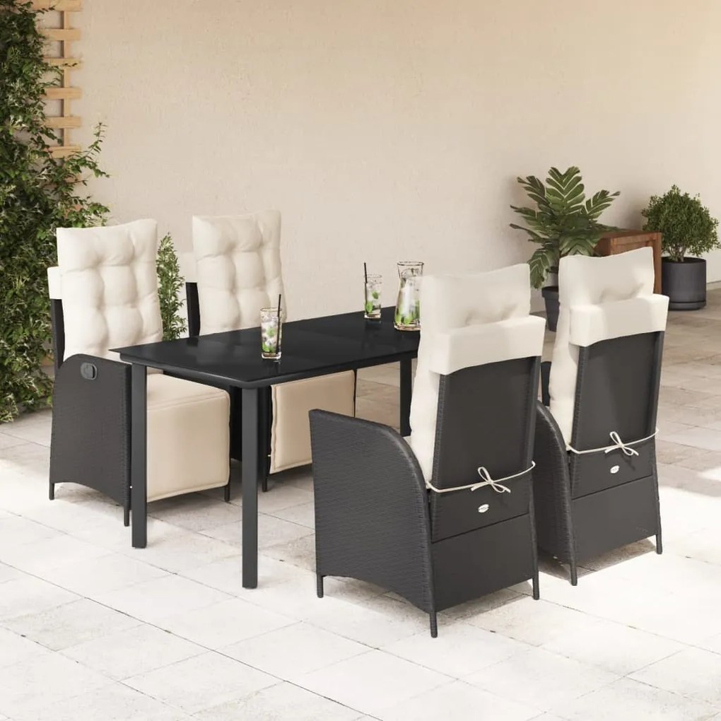5 pcs conjunto de jantar p/ jardim c/ almofadões vime PE preto