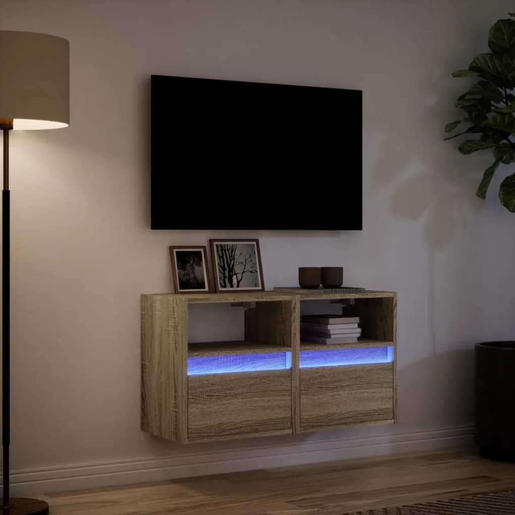 Móveis de parede para TV com luzes LED 2 pcs carvalho sonoma