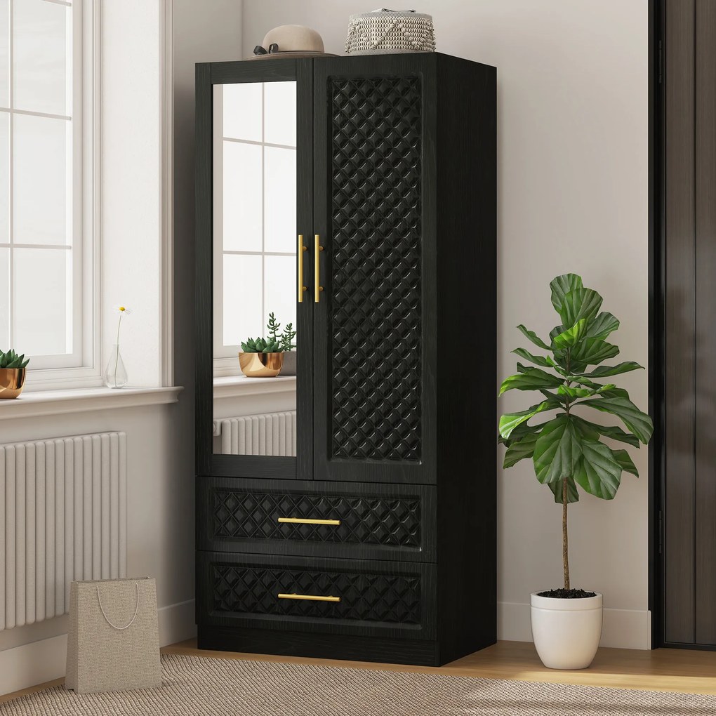 Guarda Roupa com Espelho 2 Portas e 2 Gavetas Relevo de Diamante Barra para Pendurar Estilo Moderno 80x50x180 cm Preto