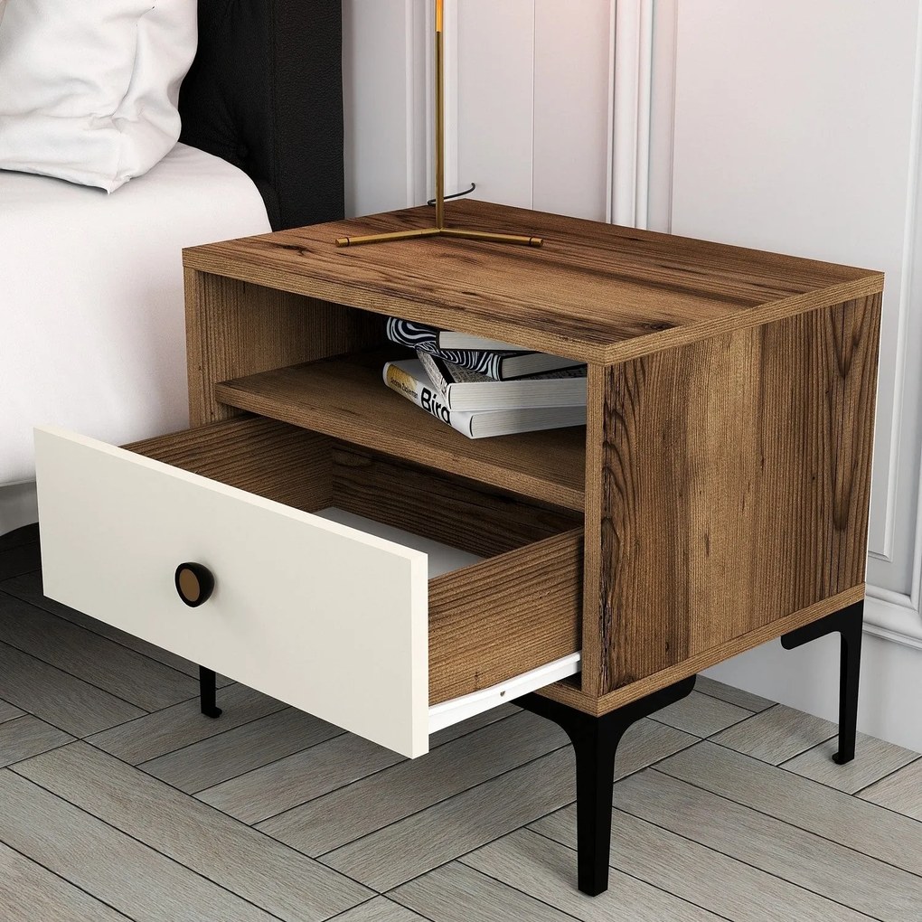 Mesa de Cabeceira Lizbon500 – Nogueira e Creme – 56x50,8x40 cm