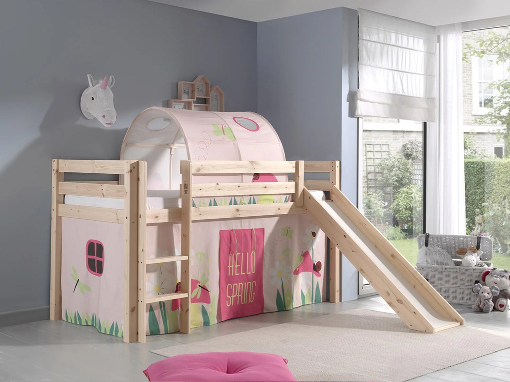 Conjunto Cama alta de Criança PINO 90 x 200 cm + estrado + escada + escorrega + cortina + túnel Primavera Natural