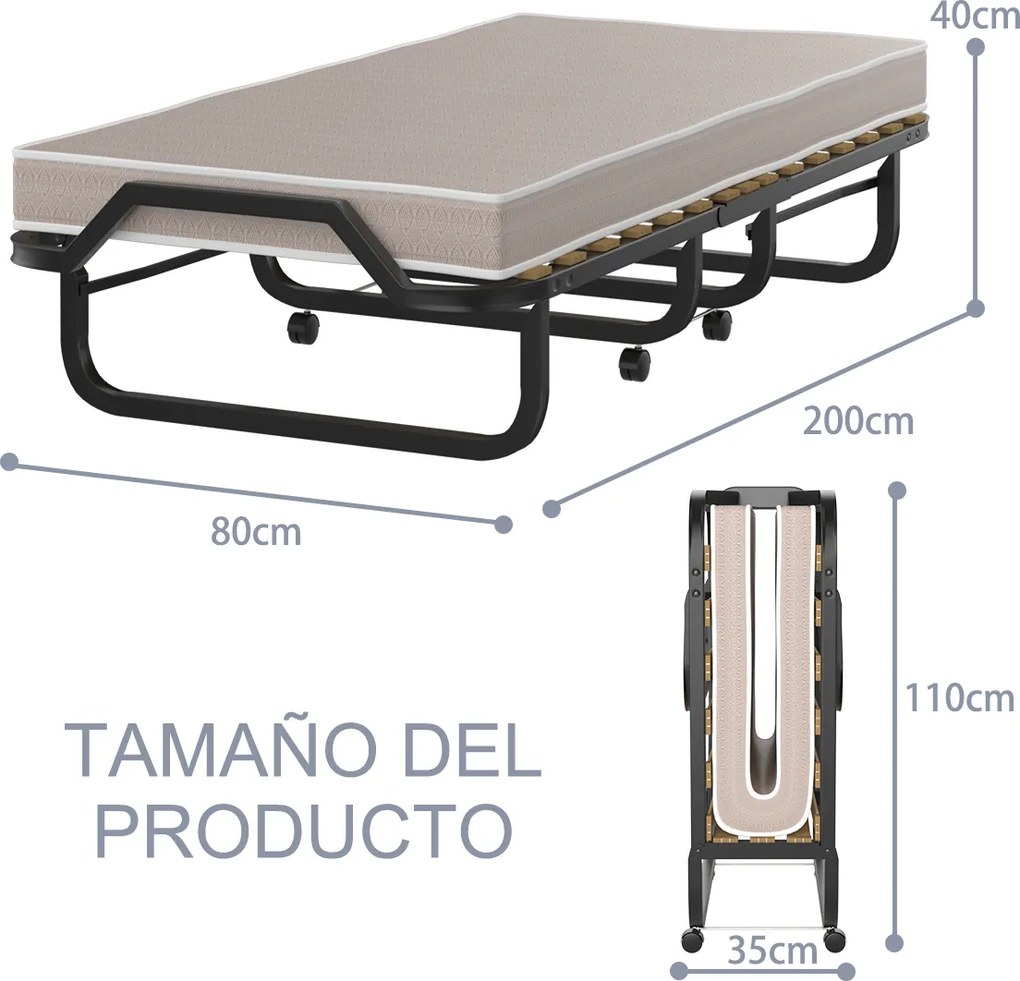 Cama dobrável com colchão de espuma com rodas Estrutura metálica Cama de hóspedes portátil para escritório 200 x 80 x 40 cm Preto e Bege