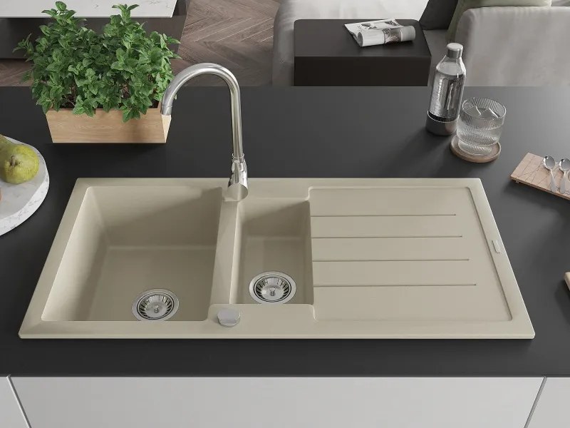 Mexen Andres lava-louça em granito com 1,5 cubas e escorredor 1000 x 500 mm, bege, sifão cromado - 6515101510-69
