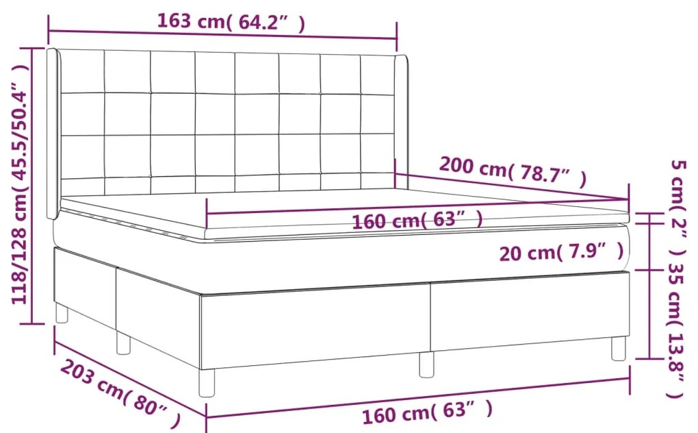 Cama box spring c/ colchão e LED 160x200 cm tecido cinza-claro