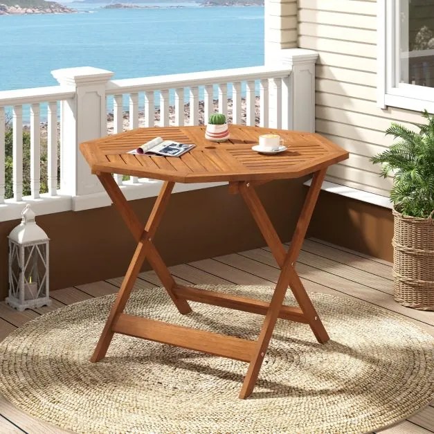 Mesa jardim de jantar em madeira maciça com orifício para guarda-sol 90 x 90 x 72 cm, tampo com ripas e acabamento em óleo de teca, para interior e ex