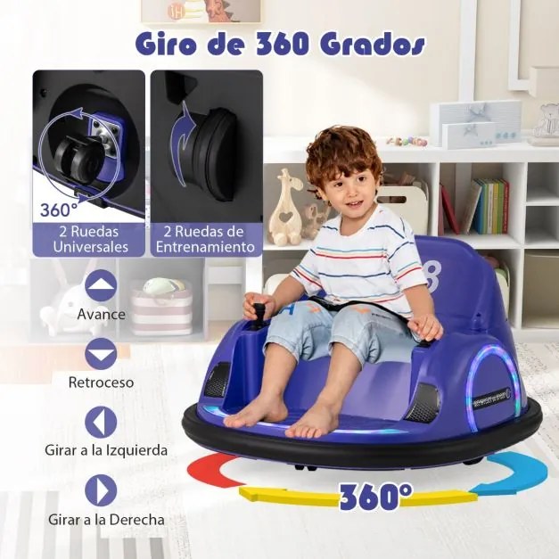 Carrinho de choque para crianças a bateria 6V com luzes LED, conexão sem fio, música e som, rotação de 360°, Púrpura