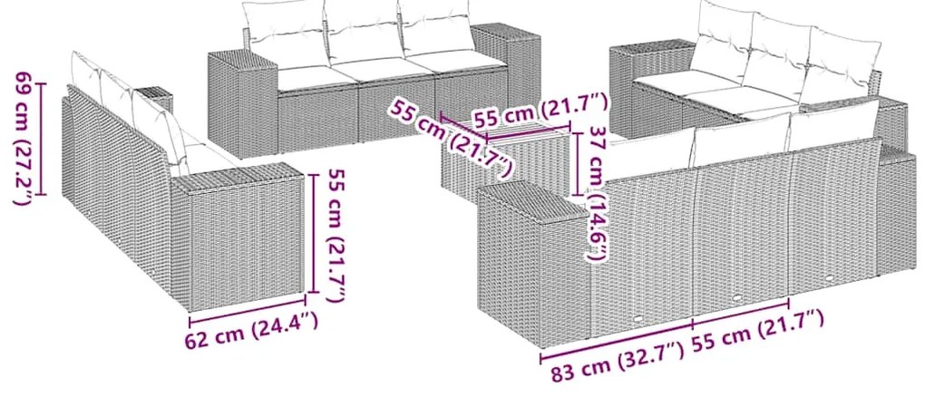 13 pcs conjunto de sofás de jardim com almofadões vime PE preto