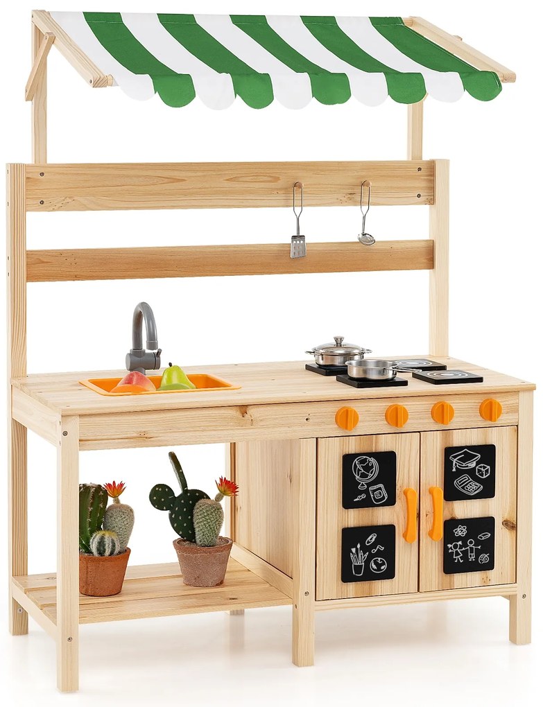 Cozinha de madeira para brincar com dossel ajustável em altura para crianças - Natural