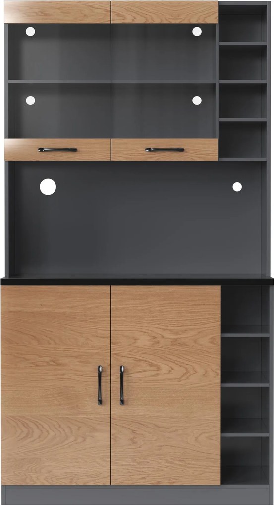 Highboard de cozinha, compartimento de vidro reforçado e iluminação ambiente LED, prateleiras laterais reguláveis em altura100x47x187 cm, Cor natural| AOSOM Portugal