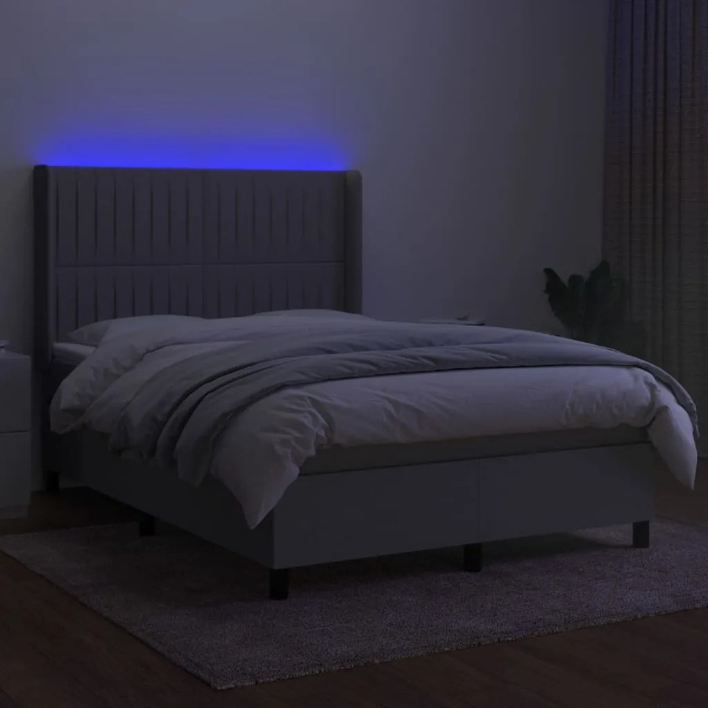 Cama box spring c/ colchão e LED 140x200 cm tecido cinza-claro