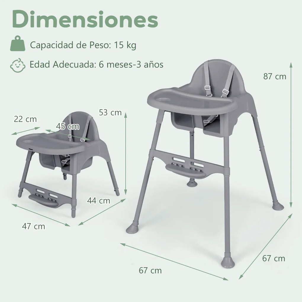 Cadeira alta refeições para bebés e crianças convertível 4 em 1 tabuleiro ajustável e apoio para os pés Cinzento