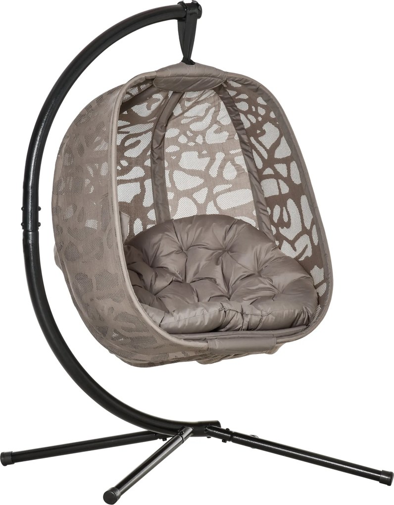 Cadeira Suspensa Jardim com Suporte de Aço Cadeira Suspensa com Cesto Dobrável e Almofadas para Interior e Exterior 126x96x172cm Preto e Castanho arei