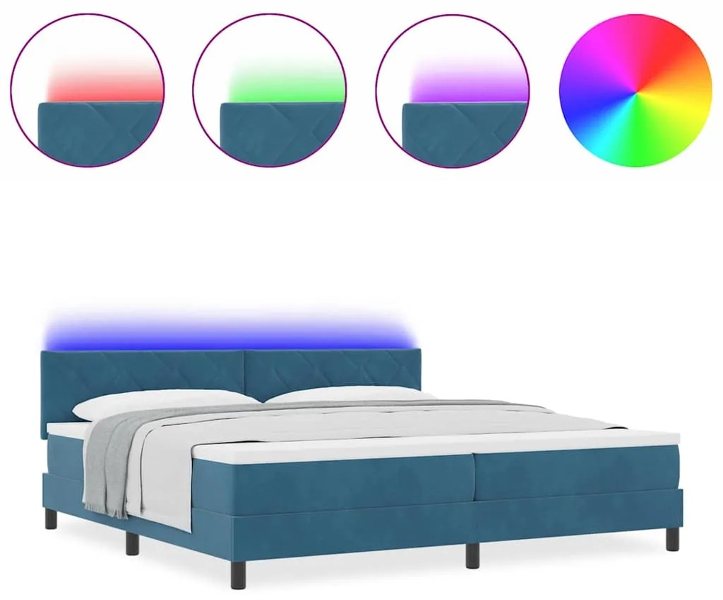 Cama Box Spring vidaXL com Colchão e LED Azul Escuro 200x200 cm Veludo