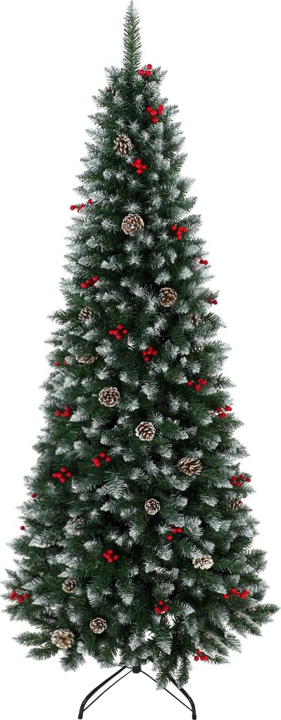 Árvore de Natal Nevada Tipo Lápis 210 cm Estreita com Bagas Vermelhas, Pinhas e 818 Pontas Verde
